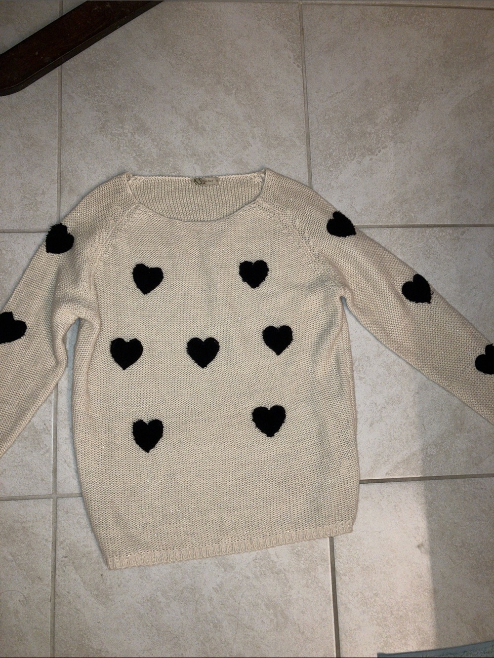 Heart Appliqué Cream Crewneck Sweater